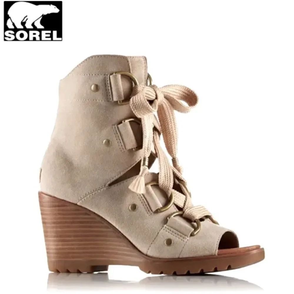 Sorel AFTER HOURS Lace Up Wedge Heel Casual Ankle Bootie Sandal in Oatmeal